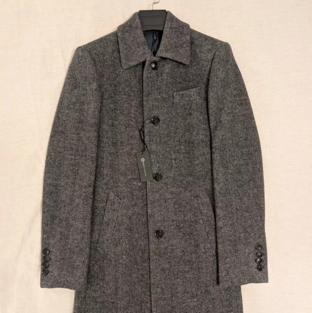 Gray Wool Men's Coat herringbone car coat overcoat.